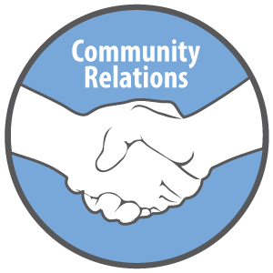 Hands shaking with the title Community Relations over it.